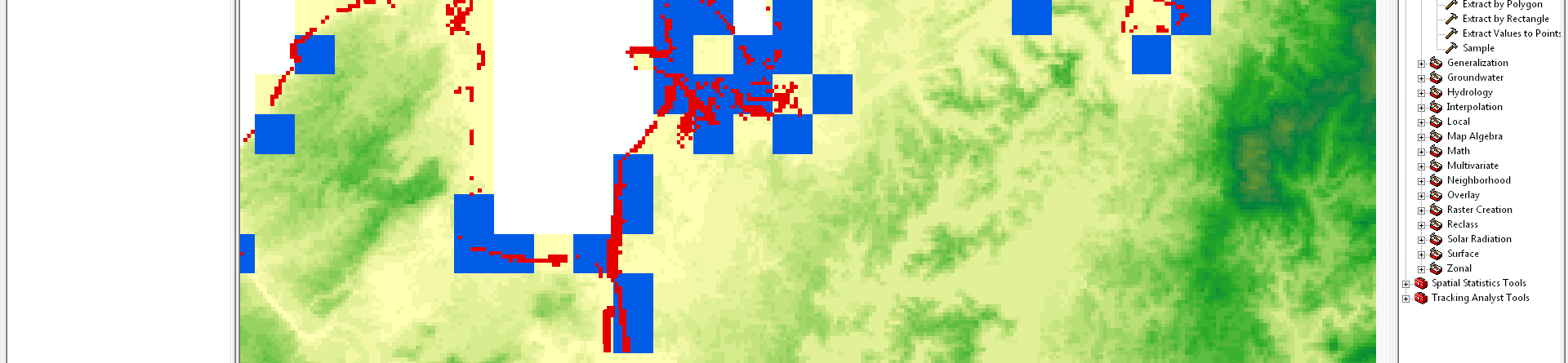 En el color rojo son celdas del DEM de 90m, y en el color azul de 1km.