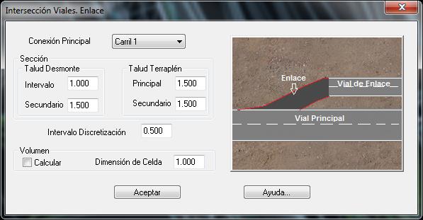 Intersección tipo Enlace Volumen: Posibilidad de mostrar, una vez ejecutada la intersección, el volumen de desmonte y terraplén total que afecta según el movimiento de tierras ejecutado.