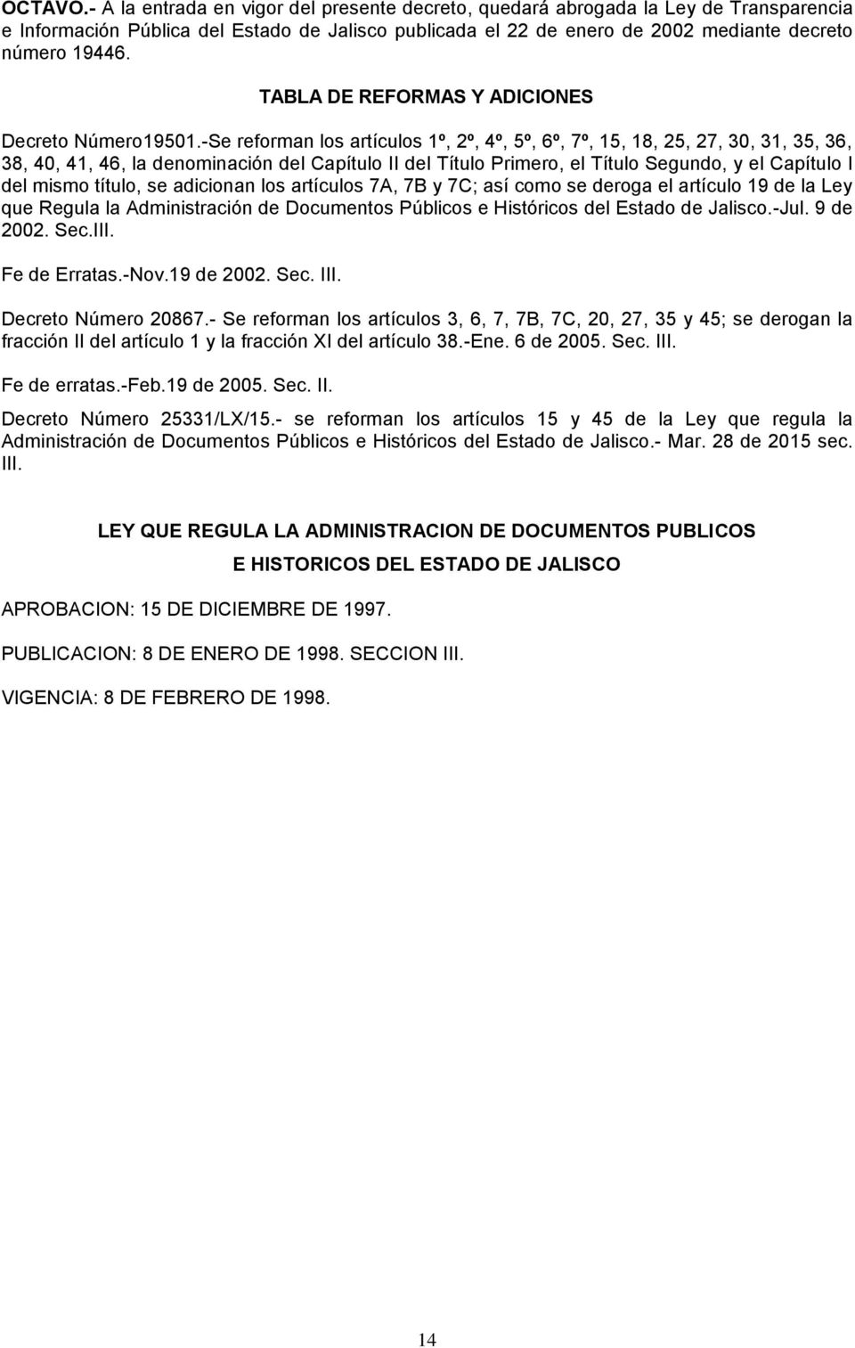 TABLA DE REFORMAS Y ADICIONES Decreto Número19501.