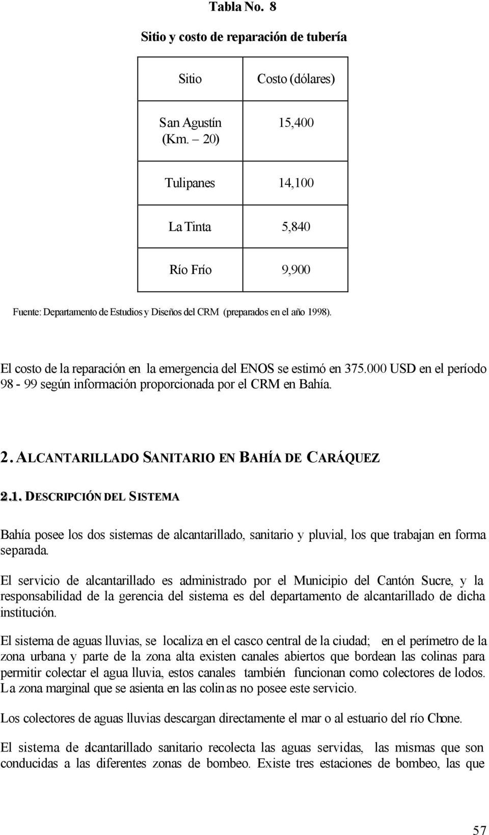 El costo de la reparación en la emergencia del ENOS se estimó en 375.000 USD en el período 98-99 según información proporcionada por el CRM en Bahía. 2.