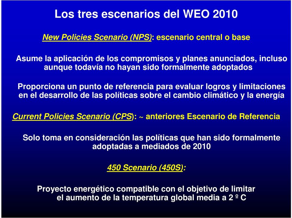 el cambio climático y la energía Current Policies Scenario (CPS): ~ anteriores Escenario de Referencia Solo toma en consideración las políticas que han sido