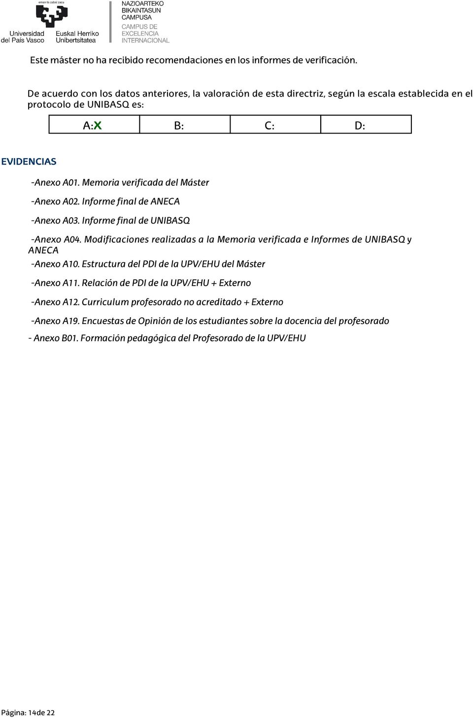 Modificaciones realizadas a la Memoria verificada e Informes de UNIBASQ y ANECA -Anexo A10. Estructura del PDI de la UPV/EHU del Máster -Anexo A11.