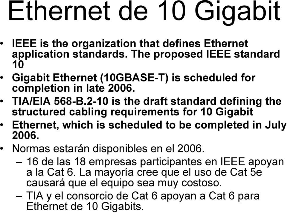2-10 is the draft standard defining the structured cabling requirements for 10 Gigabit Ethernet, which is scheduled to be completed in July 2006.