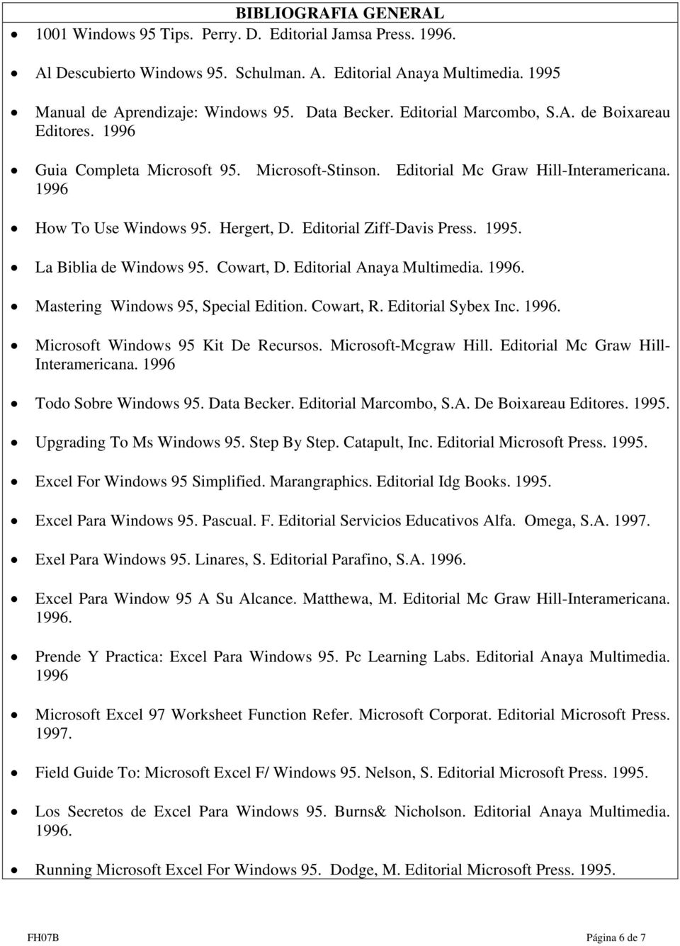 Editorial Ziff-Davis Press. 1995. La Biblia de Windows 95. Cowart, D. Editorial Anaya Multimedia. 1996. Mastering Windows 95, Special Edition. Cowart, R. Editorial Sybex Inc. 1996. Microsoft Windows 95 Kit De Recursos.