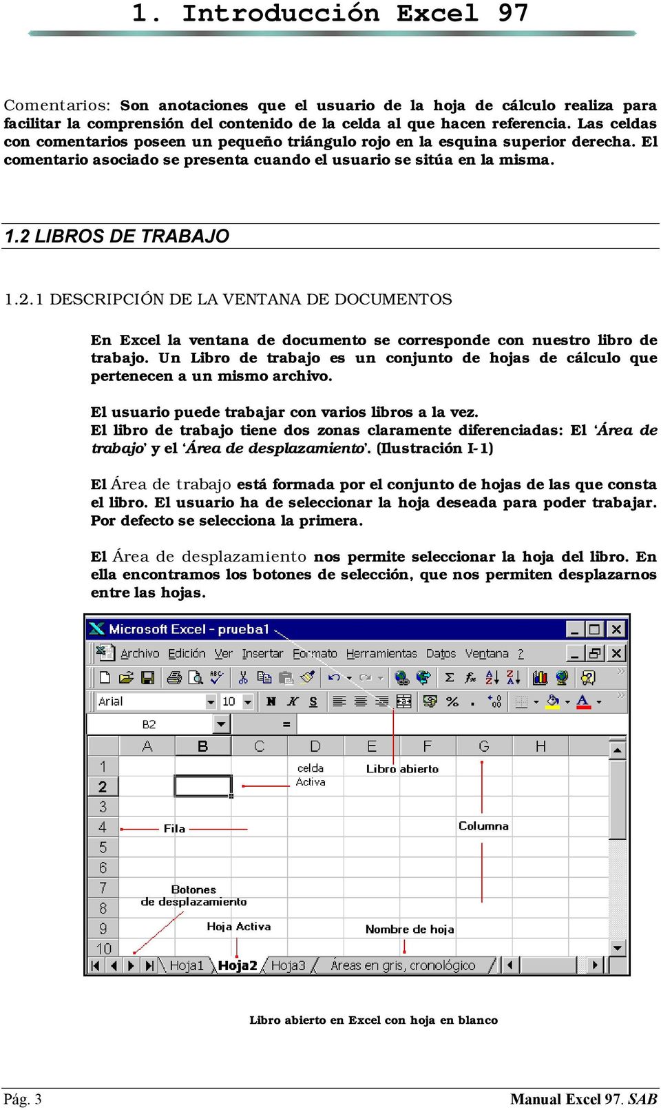 LIBROS DE TRABAJO 1.2.1 DESCRIPCIÓN DE LA VENTANA DE DOCUMENTOS En Excel la ventana de documento se corresponde con nuestro libro de trabajo.