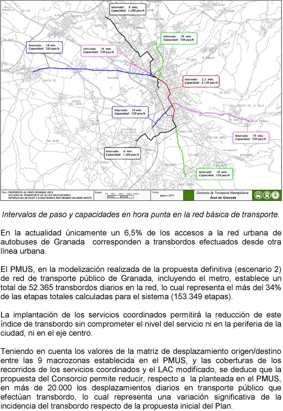 El PMUS, en la modelización realizada de la propuesta definitiva (escenario 2) de red de transporte público de Granada, incluyendo el metro, establece un total de 52.