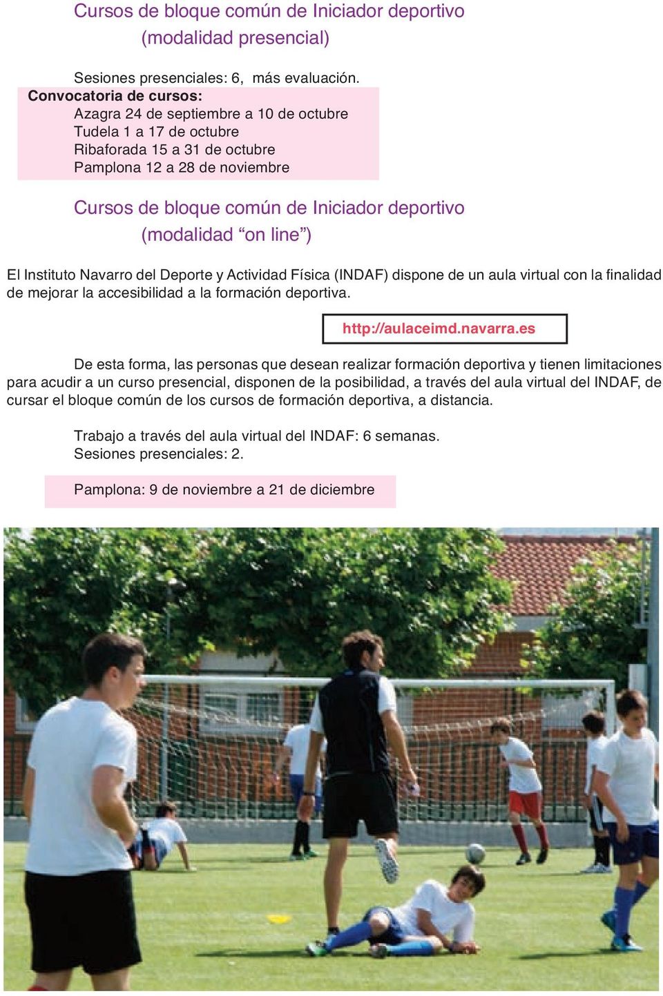 (modalidad on line ) El Instituto Navarro del Deporte y Actividad Física (INDAF) dispone de un aula virtual con la finalidad de mejorar la accesibilidad a la formación deportiva. http://aulaceimd.
