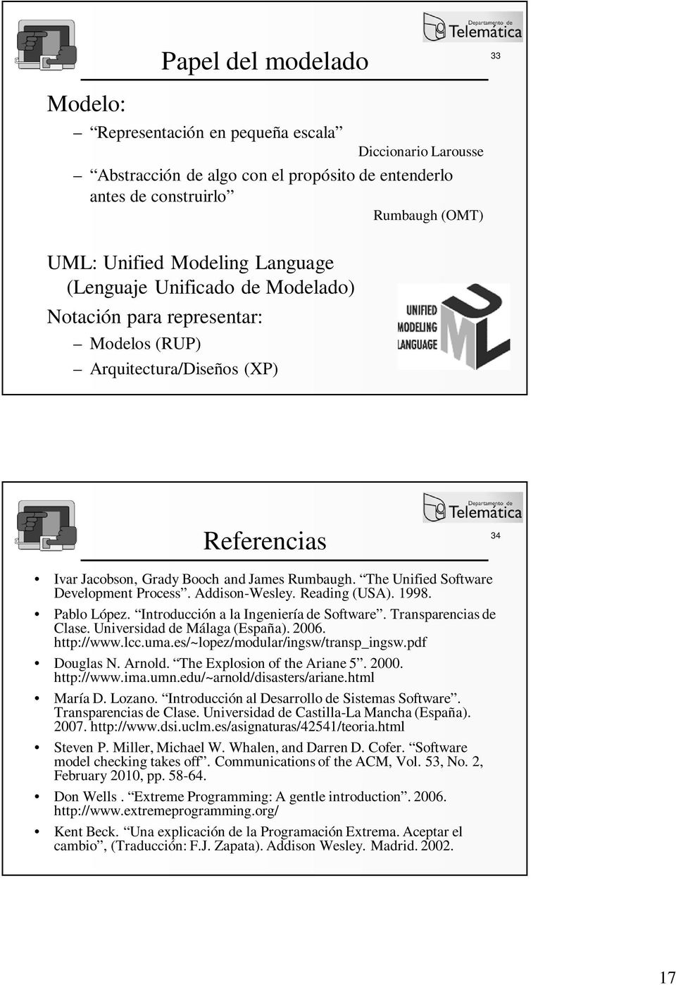 The Unified Software Development Process. Addison-Wesley. Reading (USA). 1998. Pablo López. Introducción a la Ingeniería de Software. Transparencias de Clase. Universidad de Málaga (España). 2006.