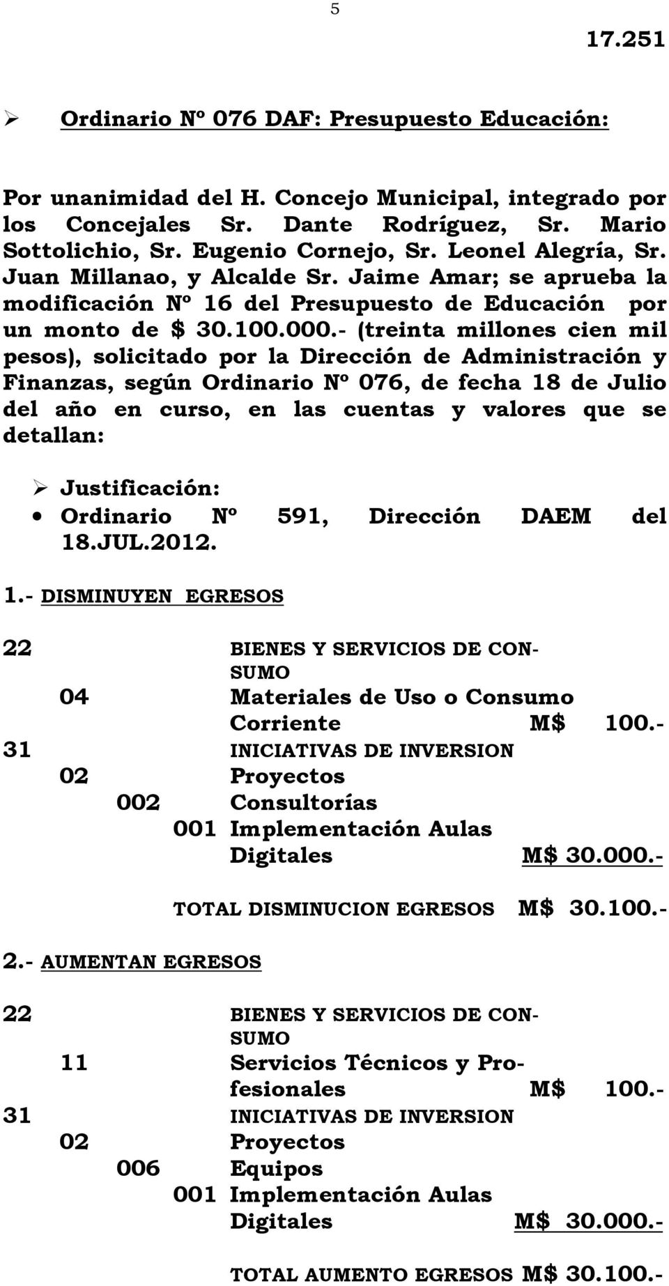 - (treinta millones cien mil pesos), solicitado por la Dirección de Administración y Finanzas, según Ordinario Nº 076, de fecha 18 de Julio del año en curso, en las cuentas y valores que se detallan:
