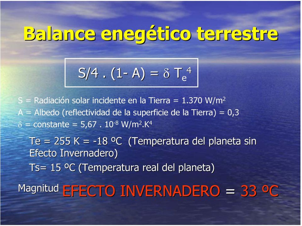370 W/m 2 A = Albedo (reflectividad de la superficie de la Tierra) = 0,3 δ = constante =