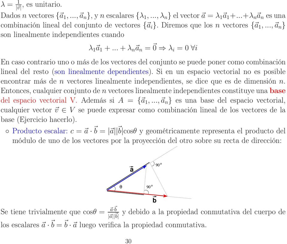 ..+λ n a n = 0 λ i = 0 i En caso contrario uno o más de los vectores del conjunto se puede poner como combinación lineal del resto (son linealmente dependientes).