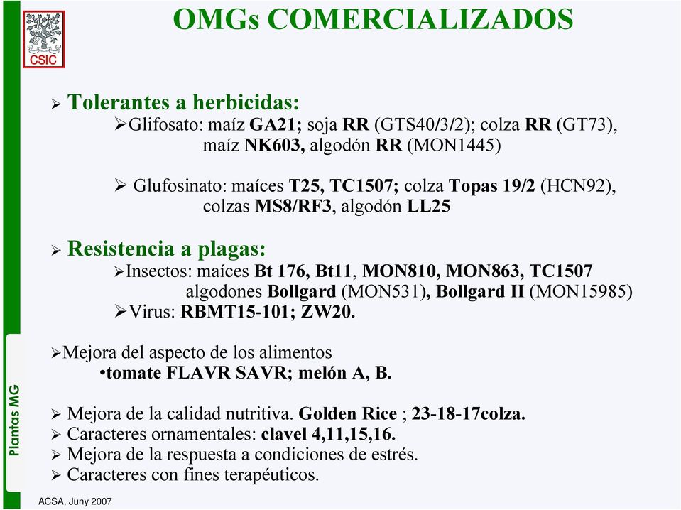 Bollgard (MON531), Bollgard II (MON15985) Virus: RBMT15-101; ZW20. Plantas MG Mejora del aspecto de los alimentos tomate FLAVR SAVR; melón A, B.