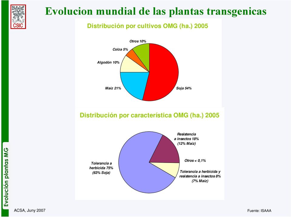 (ha.) 2005 Resistencia a insectos 18% (12% Maíz) Evolución plantas MG Tolerancia a