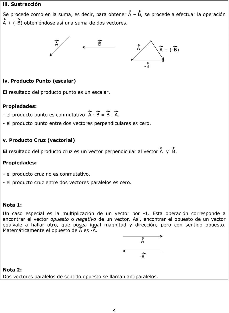 ctores perpendiculares es cero. v. Producto Cruz (vectorial) El resultado del producto cruz es un vector perpendicular al vector y B. Propiedades: - el producto cruz no es conmutativo.