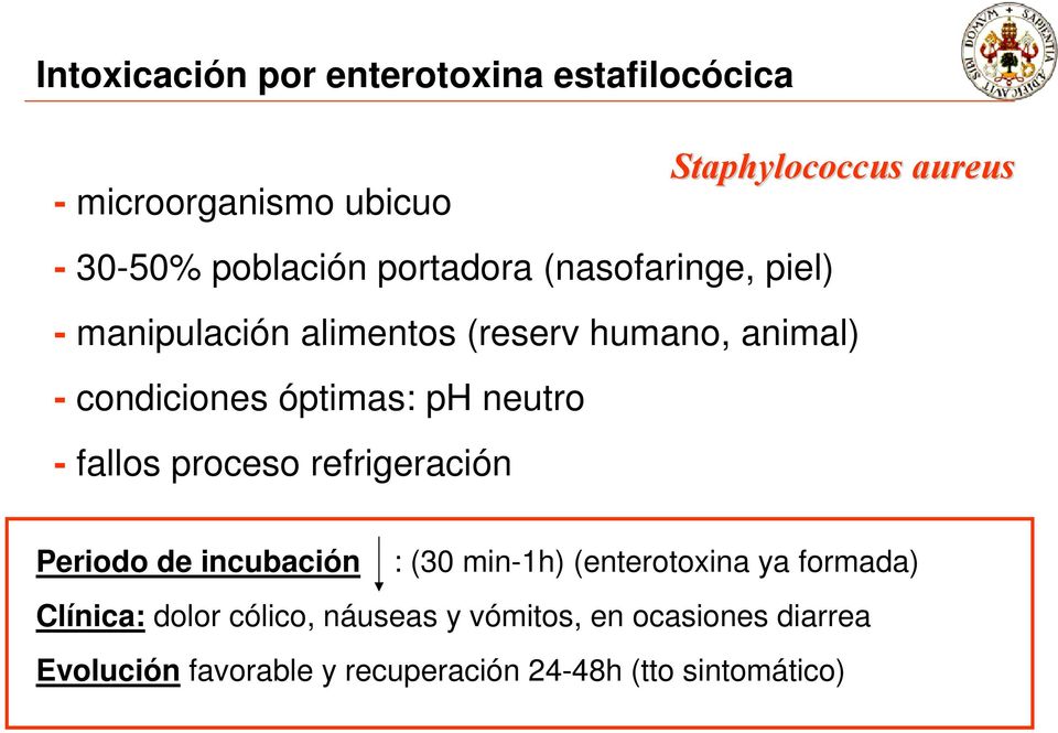 óptimas: ph neutro - fallos proceso refrigeración Periodo de incubación : (30 min-1h) (enterotoxina ya