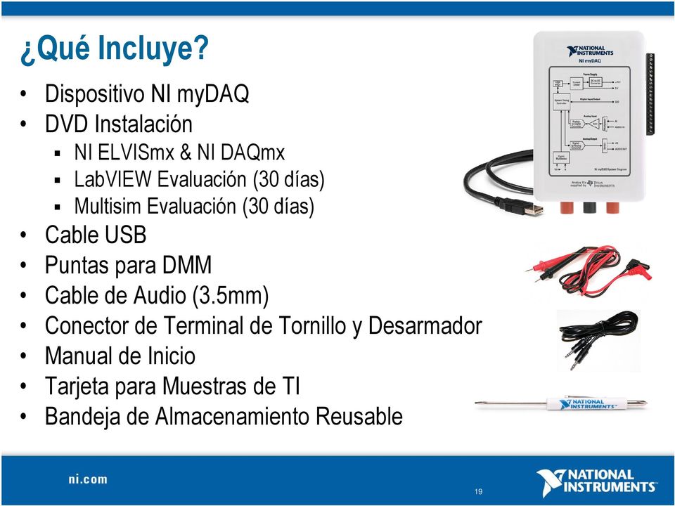 Evaluación (30 días) Multisim Evaluación (30 días) Cable USB Puntas para DMM