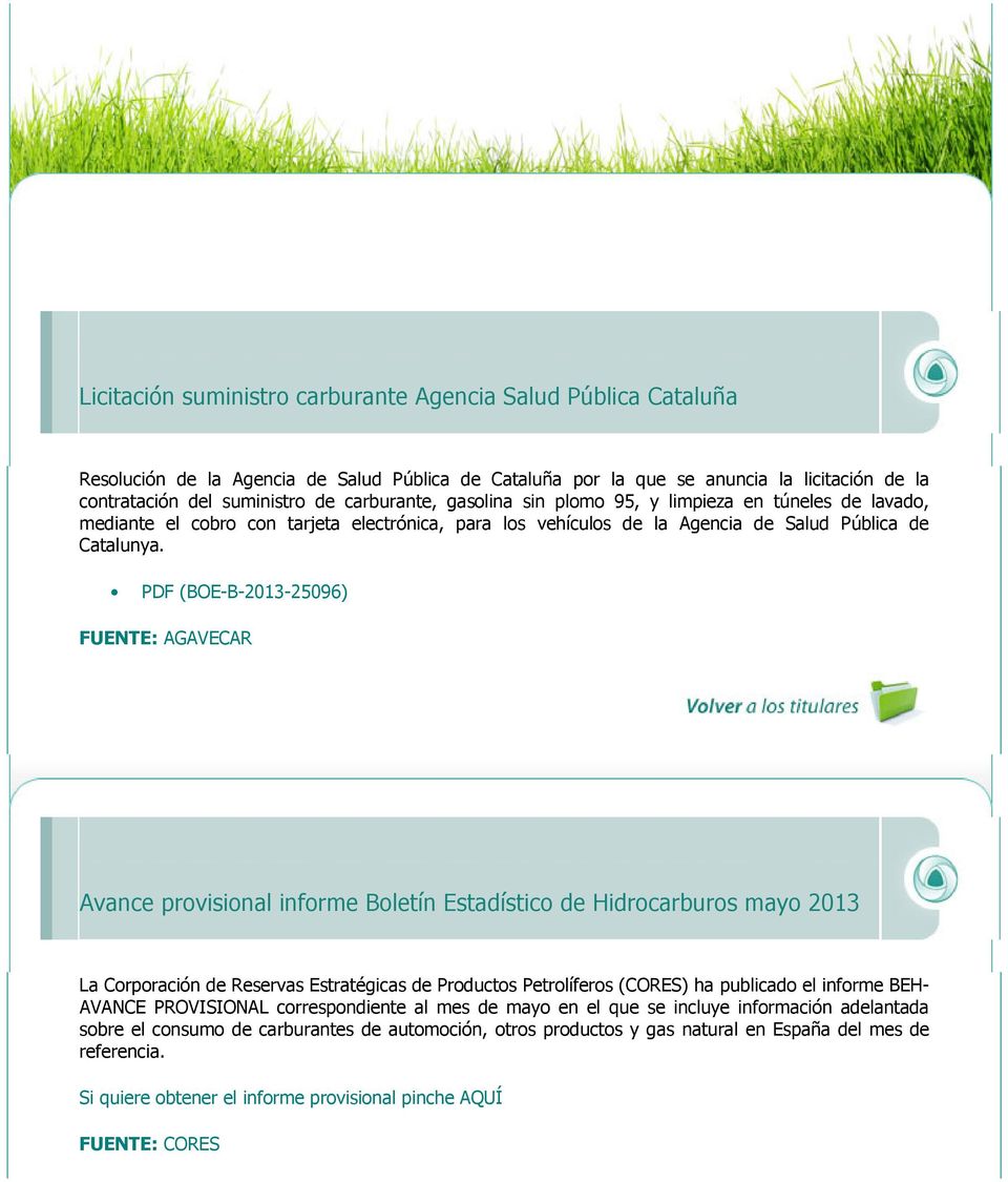 PDF (BOE-B-2013-25096) FUENTE: AGAVECAR Avance provisional informe Boletín Estadístico de Hidrocarburos mayo 2013 La Corporación de Reservas Estratégicas de Productos Petrolíferos (CORES) ha