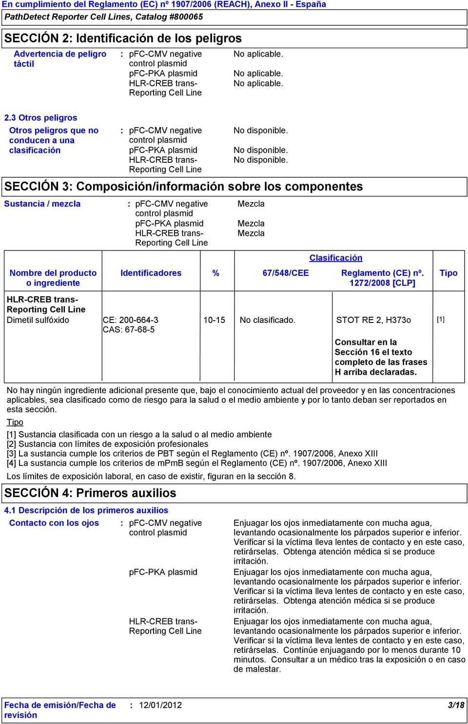 Mezcla Mezcla Clasificación % 67/548/CEE Reglamento (CE) nº. Tipo 1272/2008 [CLP] Dimetil sulfóxido CE 200-664-3 CAS 67-68-5 10-15 No clasificado.