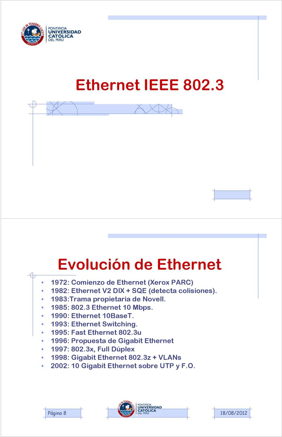 colisiones). 1983:Trama propietaria de Novell. 1985: 802.3 Ethernet 10 Mbps. 1990: Ethernet 10BaseT.