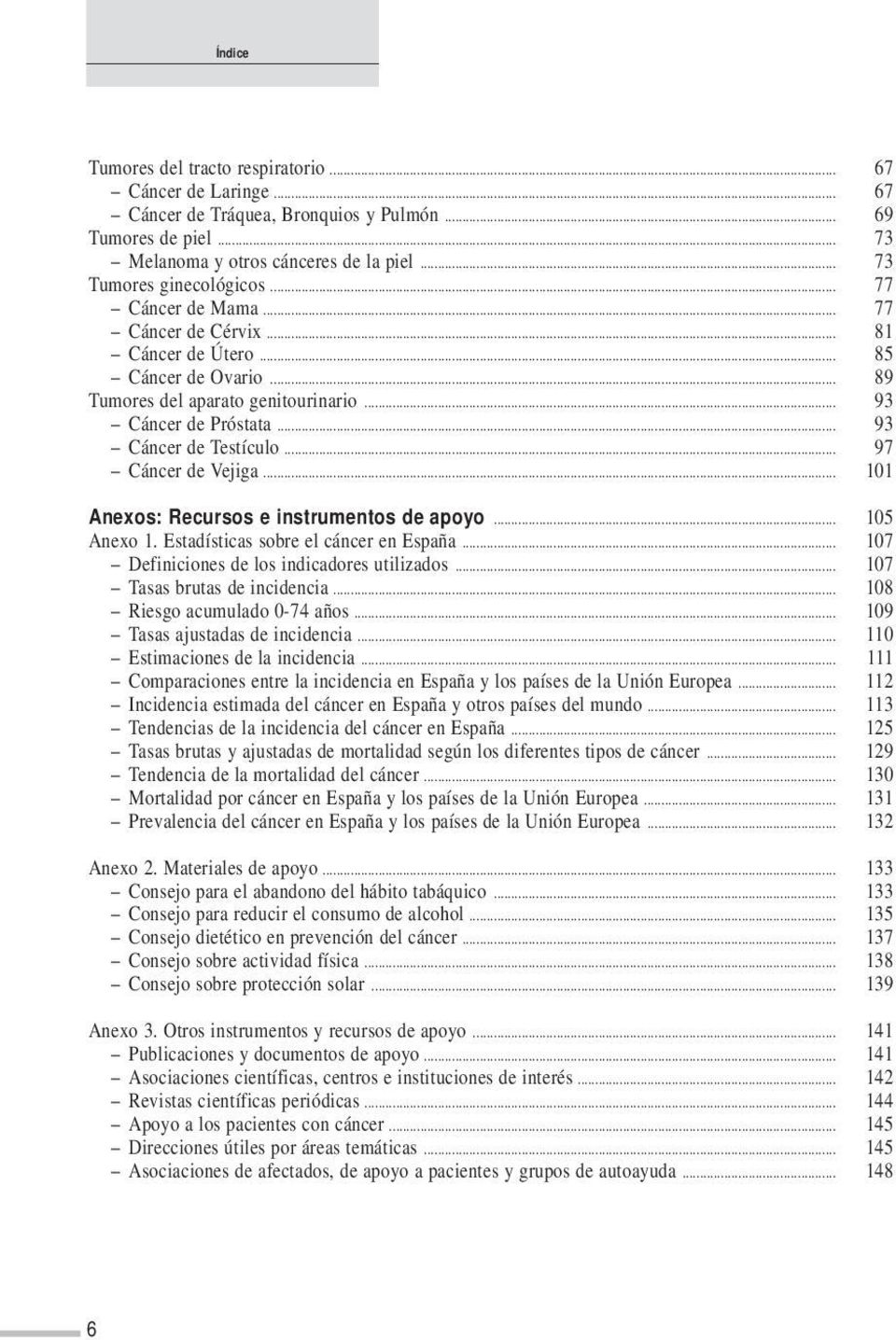 .. 97 Cáncer de Vejiga... 101 Anexos: Recursos e instrumentos de apoyo... 105 Anexo 1. Estadísticas sobre el cáncer en España... 107 Definiciones de los indicadores utilizados.