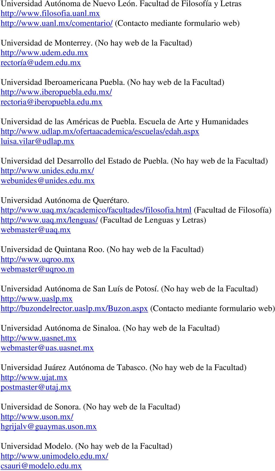 Escuela de Arte y Humanidades http://www.udlap.mx/ofertaacademica/escuelas/edah.aspx luisa.vilar@udlap.mx Universidad del Desarrollo del Estado de Puebla. (No hay web de la Facultad) http://www.