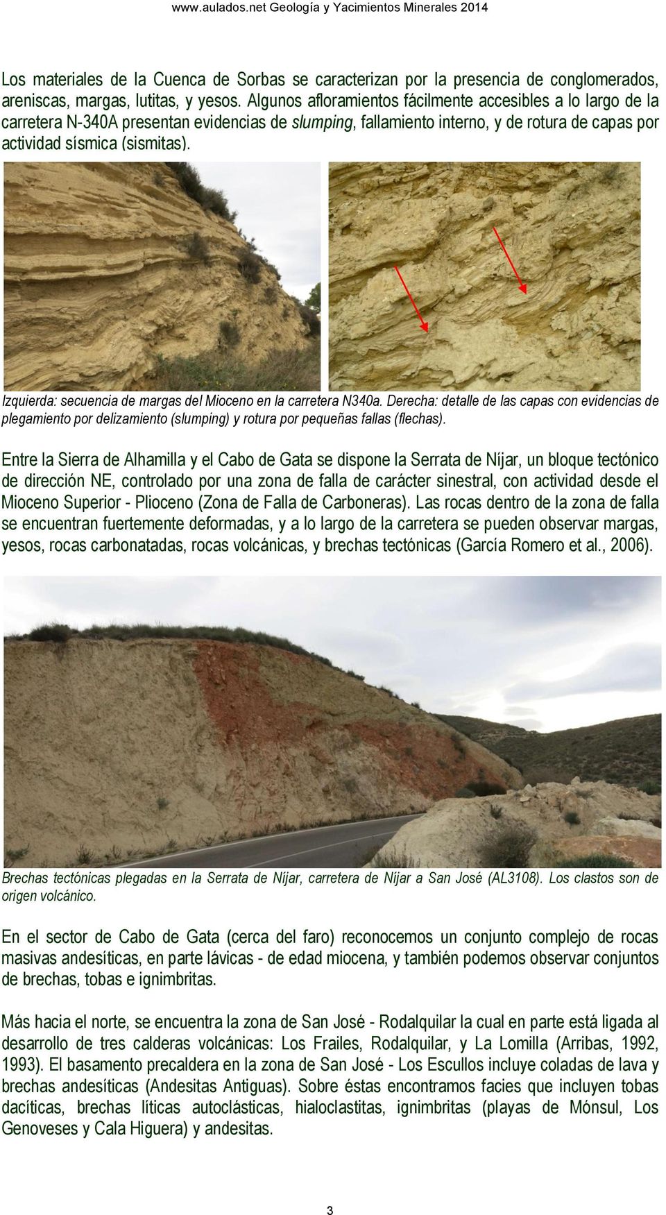 Izquierda: secuencia de margas del Mioceno en la carretera N340a. Derecha: detalle de las capas con evidencias de plegamiento por delizamiento (slumping) y rotura por pequeñas fallas (flechas).