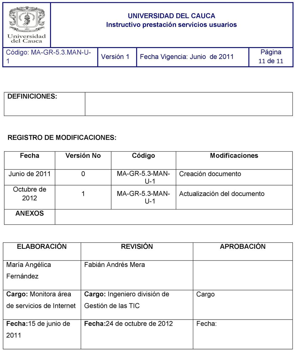 3-MAN- 202 U- ANEXOS Creación documento Actualización del documento ELABORACIÓN REVISIÓN APROBACIÓN María