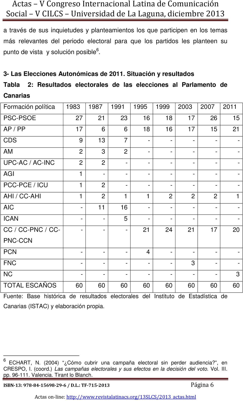 Situación y resultados Tabla 2: Resultados electorales de las elecciones al Parlamento de Canarias Formación política 1983 1987 1991 1995 1999 2003 2007 2011 PSC-PSOE 27 21 23 16 18 17 26 15 AP / PP