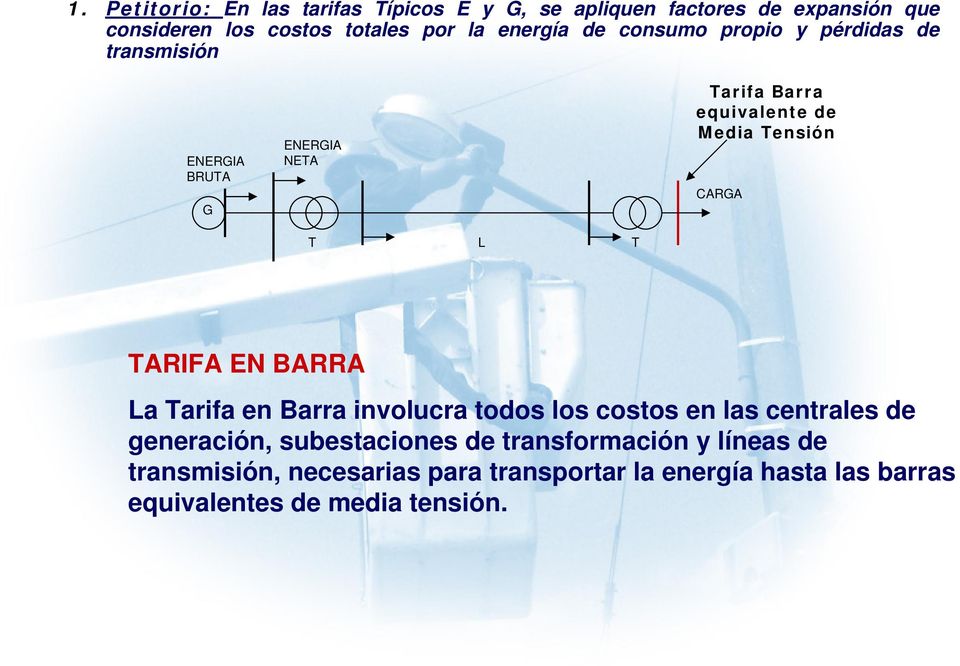 CARGA T L T TARIFA EN BARRA La Tarifa en Barra involucra todos los costos en las centrales de generación, subestaciones de