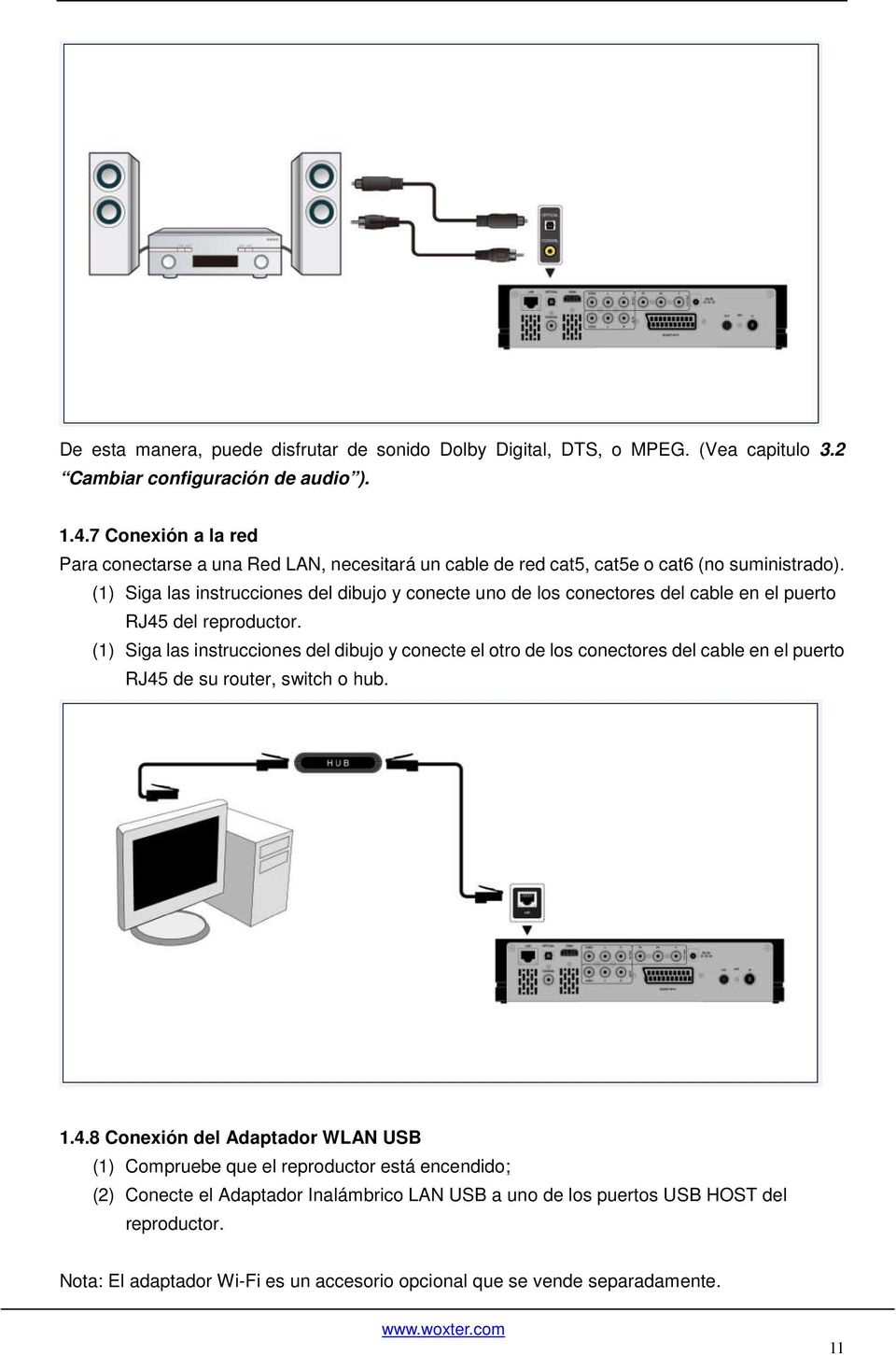 (1) Siga las instrucciones del dibujo y conecte uno de los conectores del cable en el puerto RJ45 del reproductor.