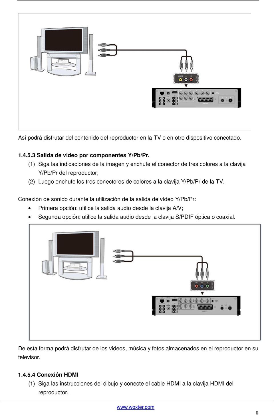Conexión de sonido durante la utilización de la salida de vídeo Y/Pb/Pr: Primera opción: utilice la salida audio desde la clavija A/V; Segunda opción: utilice la salida audio desde la clavija