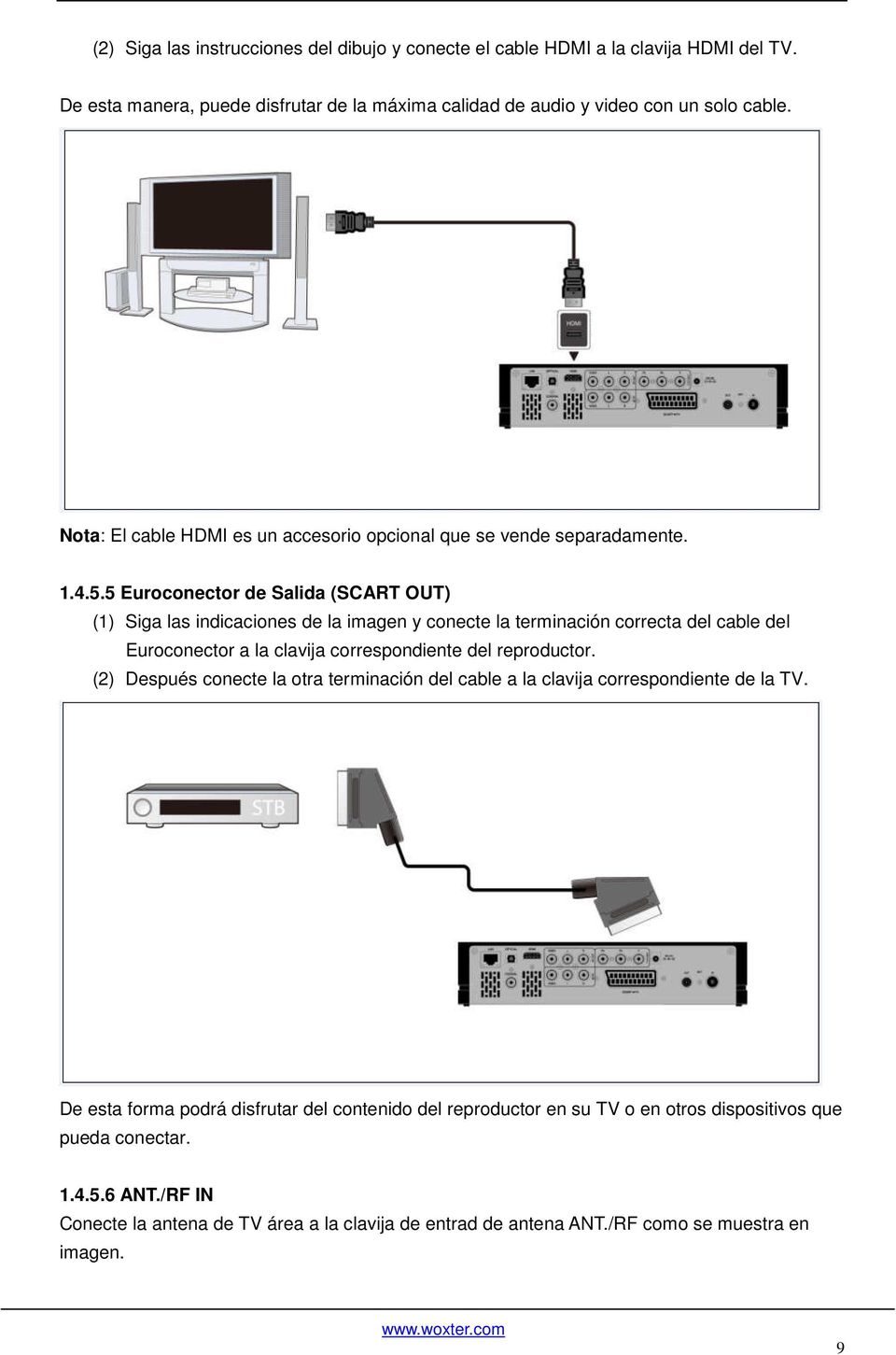 5 Euroconector de Salida (SCART OUT) (1) Siga las indicaciones de la imagen y conecte la terminación correcta del cable del Euroconector a la clavija correspondiente del reproductor.