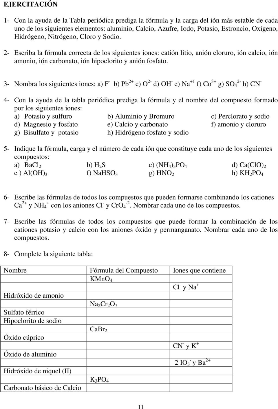 2 Escriba la fórmula correcta de los siguientes iones: catión litio, anión cloruro, ión calcio, ión amonio, ión carbonato, ión hipoclorito y anión fosfato.
