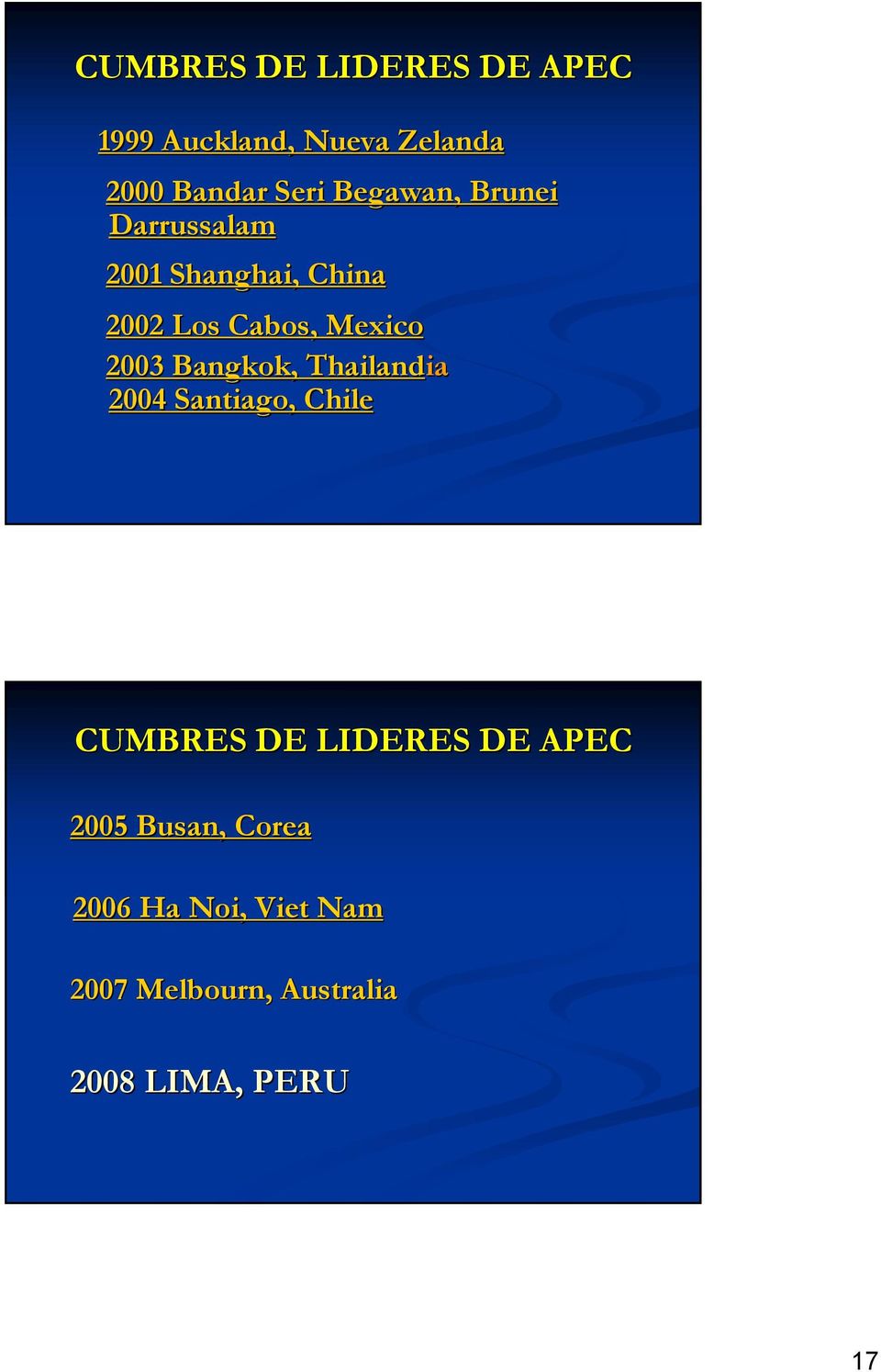 2003 Bangkok, Thailandia ia 2004 Santiago, Chile CUMBRES DE LIDERES DE APEC