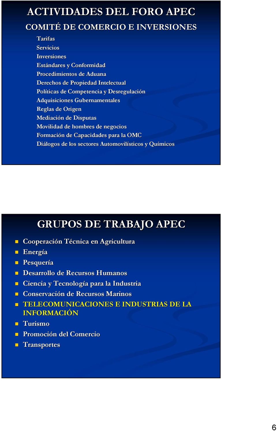 Capacidades para la OMC Diálogos de los sectores Automovilísticos y Químicos GRUPOS DE TRABAJO APEC Cooperación Técnica en Agricultura Energía Pesquería Desarrollo de