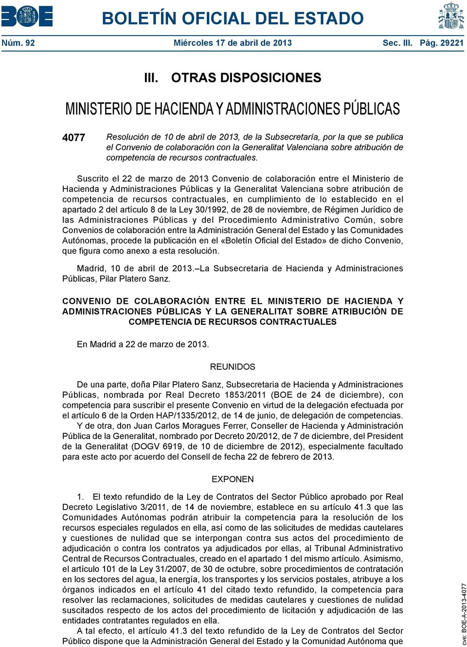Generalitat Valenciana sobre atribución de competencia de recursos contractuales.