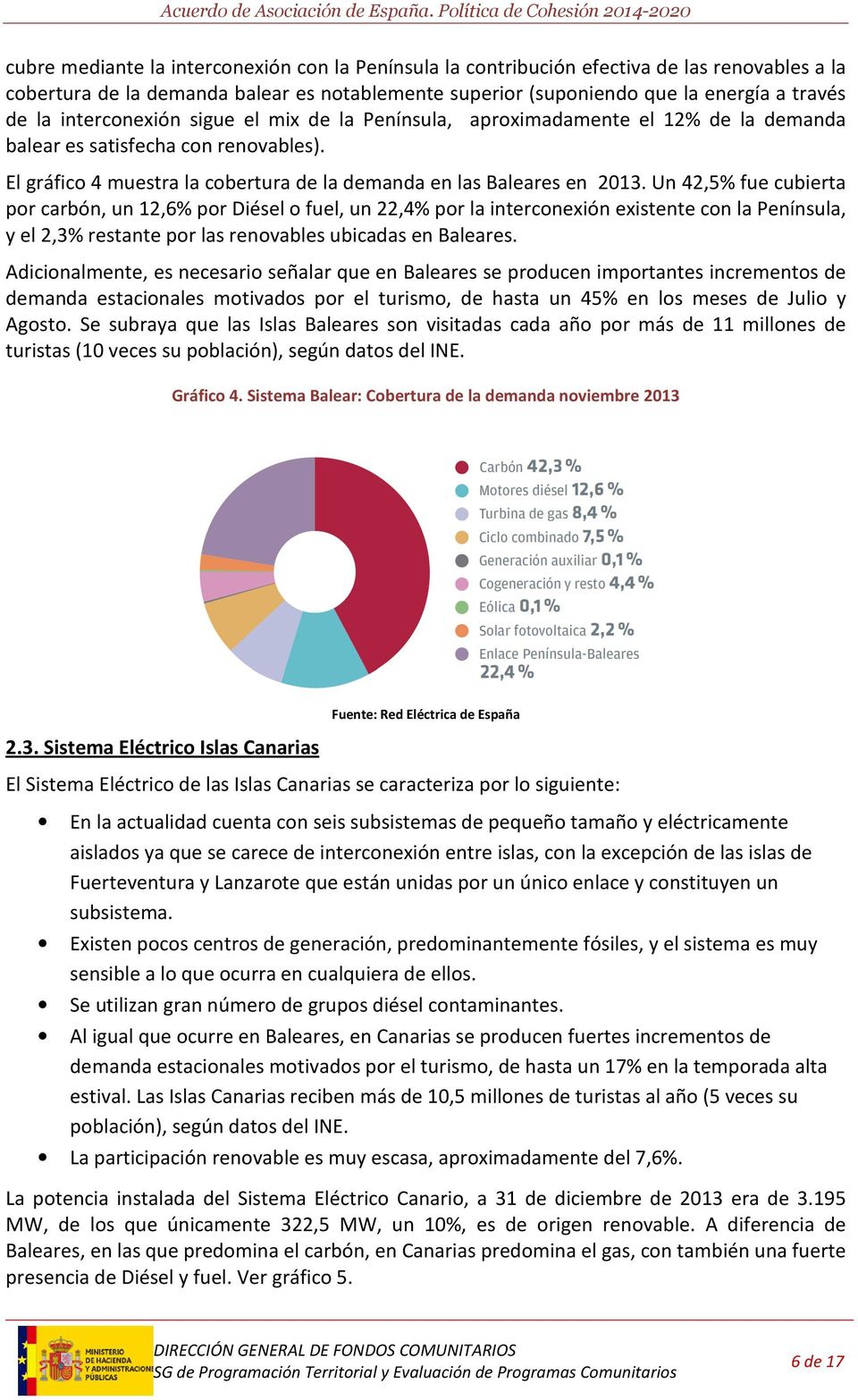 Un 42,5% fue cubierta por carbón, un 12,6% por Diésel o fuel, un 22,4% por la interconexión existente con la Península, y el 2,3% restante por las renovables ubicadas en Baleares.