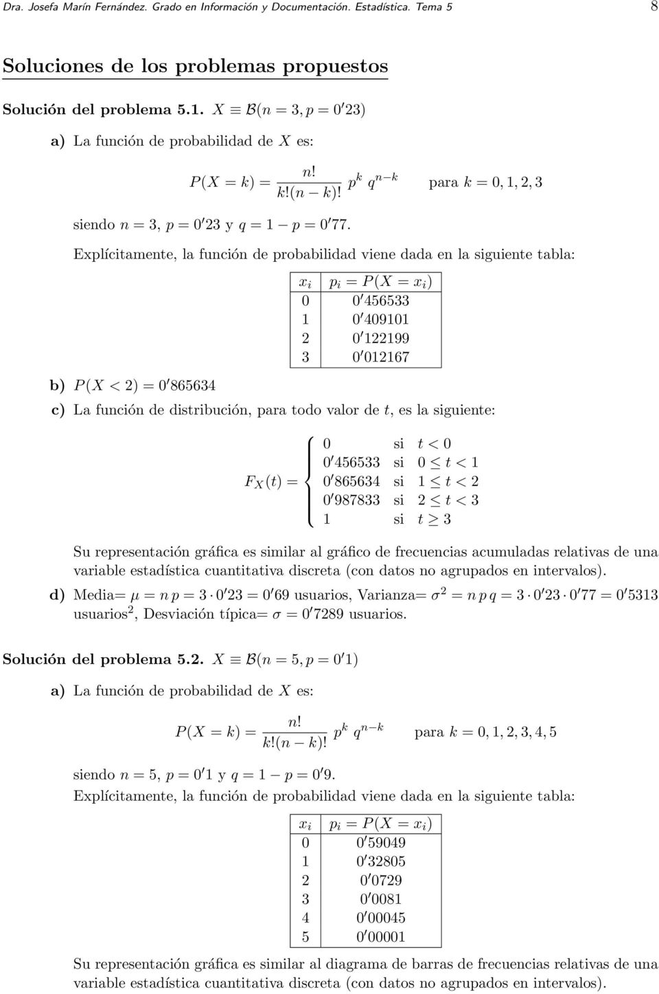 pk q n k para k = 0, 1, 2, 3 Explícitamente, la función de probabilidad viene dada en la siguiente tabla: b) P (X < 2) = 0 865634 x i p i = P (X = x i ) 0 0 456533 1 0 409101 2 0 122199 3 0 012167 c)