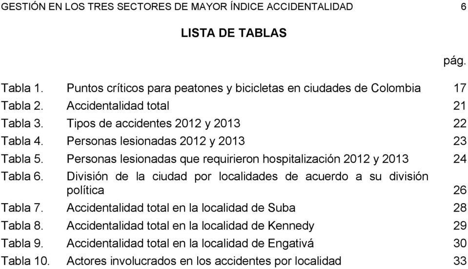 Personas lesionadas que requirieron hospitalización 2012 y 2013 24 Tabla 6. pág. División de la ciudad por localidades de acuerdo a su división política 26 Tabla 7.