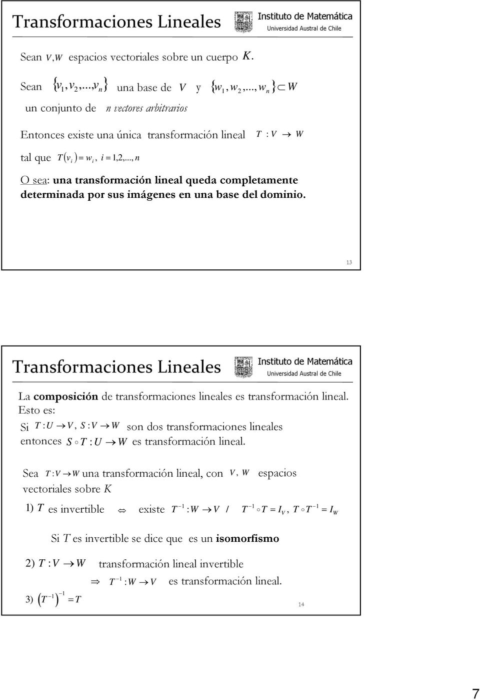 13 Trasformacioes Lieales La composició de trasformacioes lieales es trasformació lieal. Esto es: Si T : U, S : W so dos trasformacioes lieales etoces S T : U W es trasformació lieal.