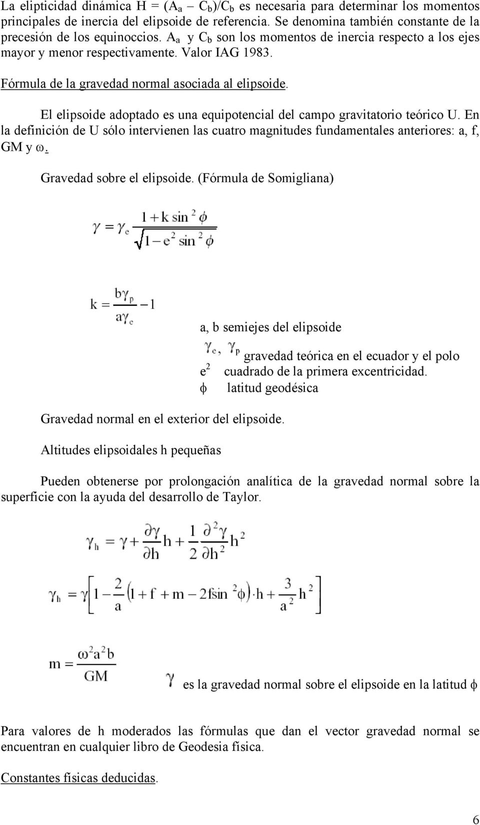 Fórmula de la gravedad normal asociada al elipsoide. El elipsoide adoptado es una equipotencial del campo gravitatorio teórico U.