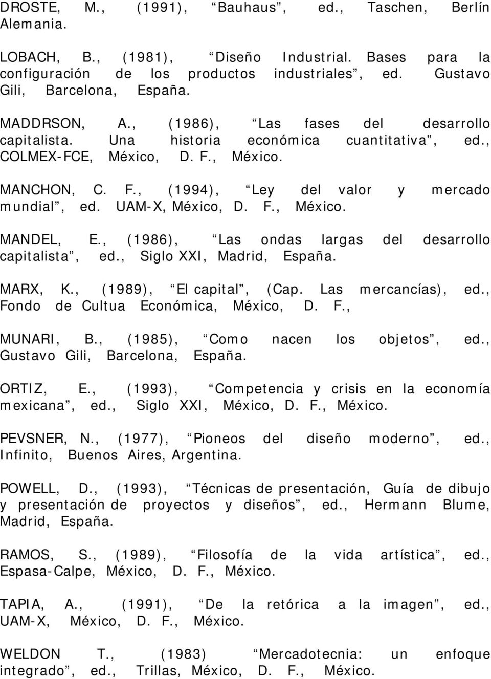 UAM-X, México, D. F., México. MANDEL, E., (1986), Las ondas largas del desarrollo capitalista, ed., Siglo XXI, Madrid, España. MARX, K., (1989), El capital, (Cap. Las mercancías), ed.