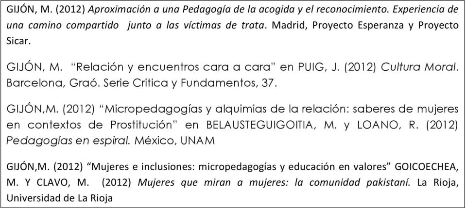 (2012) Micropedagogías y alquimias de la relación: saberes de mujeres en contextos de Prostitución en BELAUSTEGUIGOITIA, M. y LOANO, R. (2012) Pedagogías en espiral.