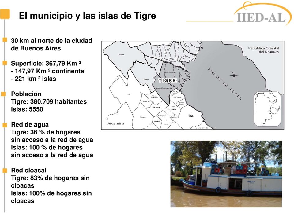 709 habitantes Islas: 5550 Red de agua Tigre: 36 % de hogares sin acceso a la red de agua Islas: