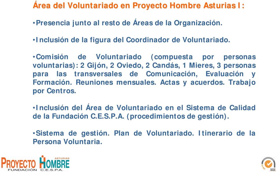 Comisión de Voluntariado (compuesta por personas voluntarias): 2 Gijón, 2 Oviedo, 2 Candás, 1 Mieres, 3 personas para las transversales de