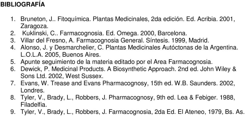 Apunte seguimiento de la materia editado por el Area Farmacognosia. 6. Dewick, P. Medicinal Products. A Biosynthetic Approach. 2nd ed. John Wiley & Sons Ltd. 2002, West Sussex. 7. Evans, W.