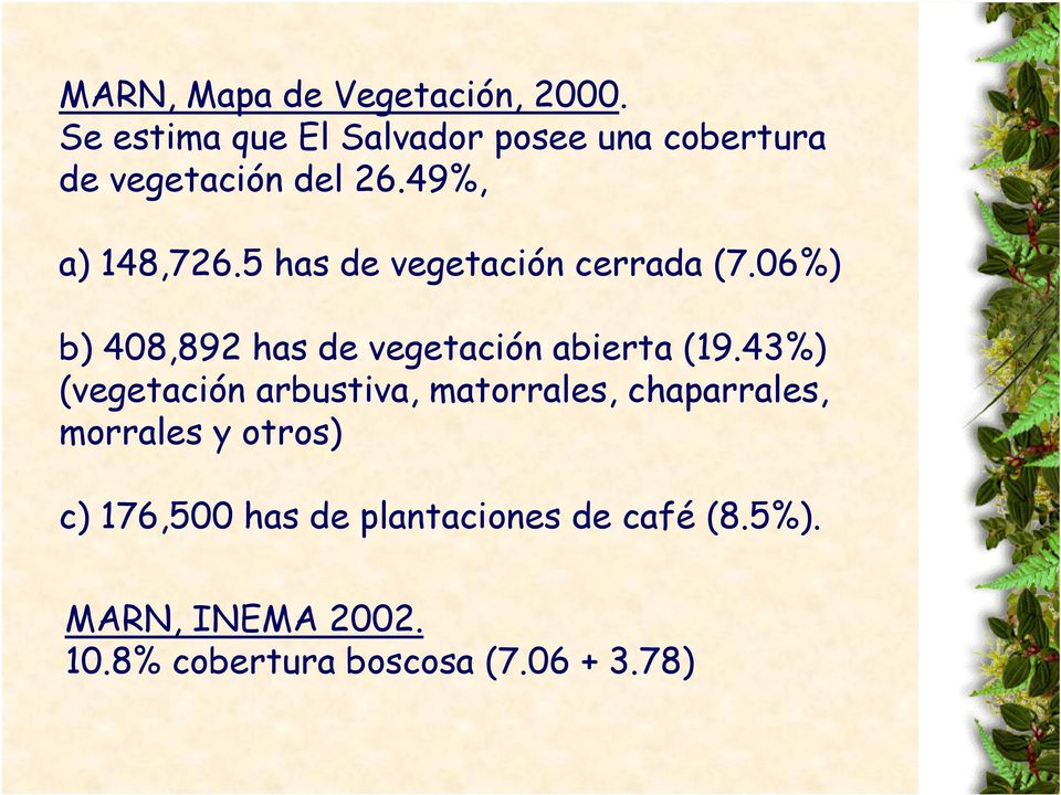 5 has de vegetación cerrada (7.06%) b) 408,892 has de vegetación abierta (19.