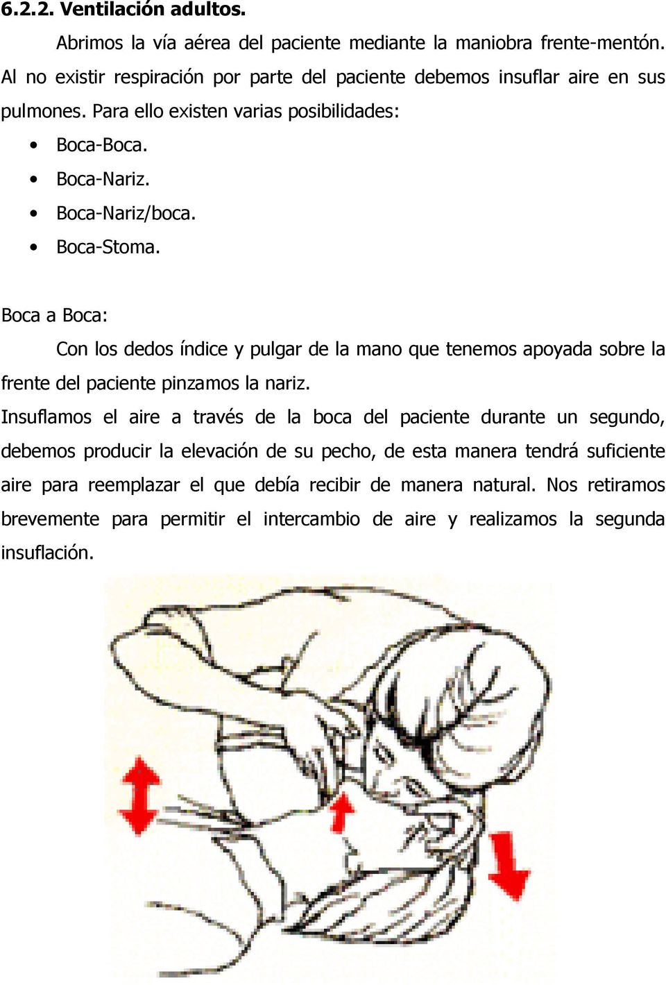 Boca-Stoma. Boca a Boca: Con los dedos índice y pulgar de la mano que tenemos apoyada sobre la frente del paciente pinzamos la nariz.