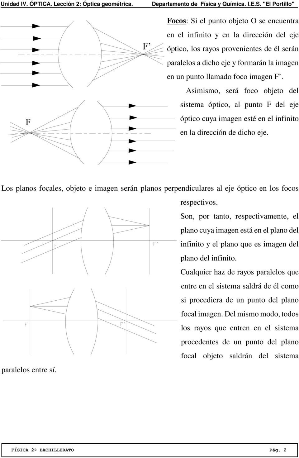 Los planos focales, objeto e imagen serán planos perpendiculares al eje óptico en los focos respectivos.