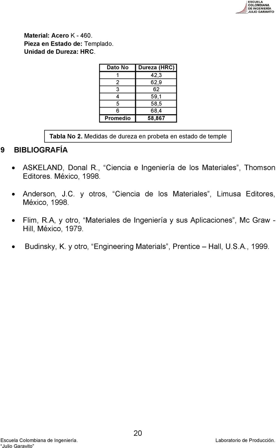 Medidas de dureza en probeta en estado de temple ASKELAND, Donal R., Ciencia e Ingeniería de los Materiales, Thomson Editores. México, 1998.
